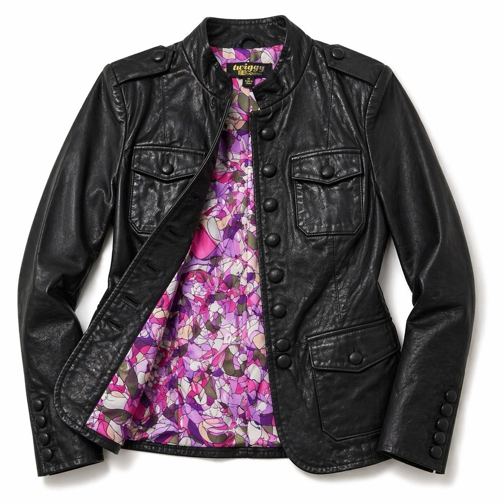 Twiggy London Black Leather Military Mod Psychedelic Lining Biker Chic Medium